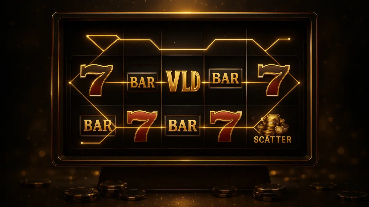 老虎機賠付線與中獎符號示例圖：多條金色線條連結7、BAR、WILD形成中獎組合